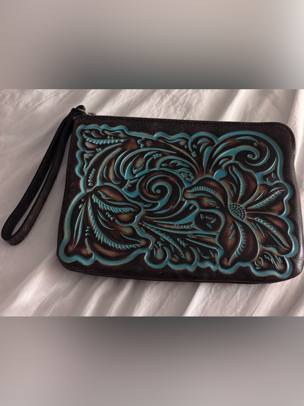 Patricia Nash Cassini Tooled Leather Wristlet Clutch Turquoise Floral